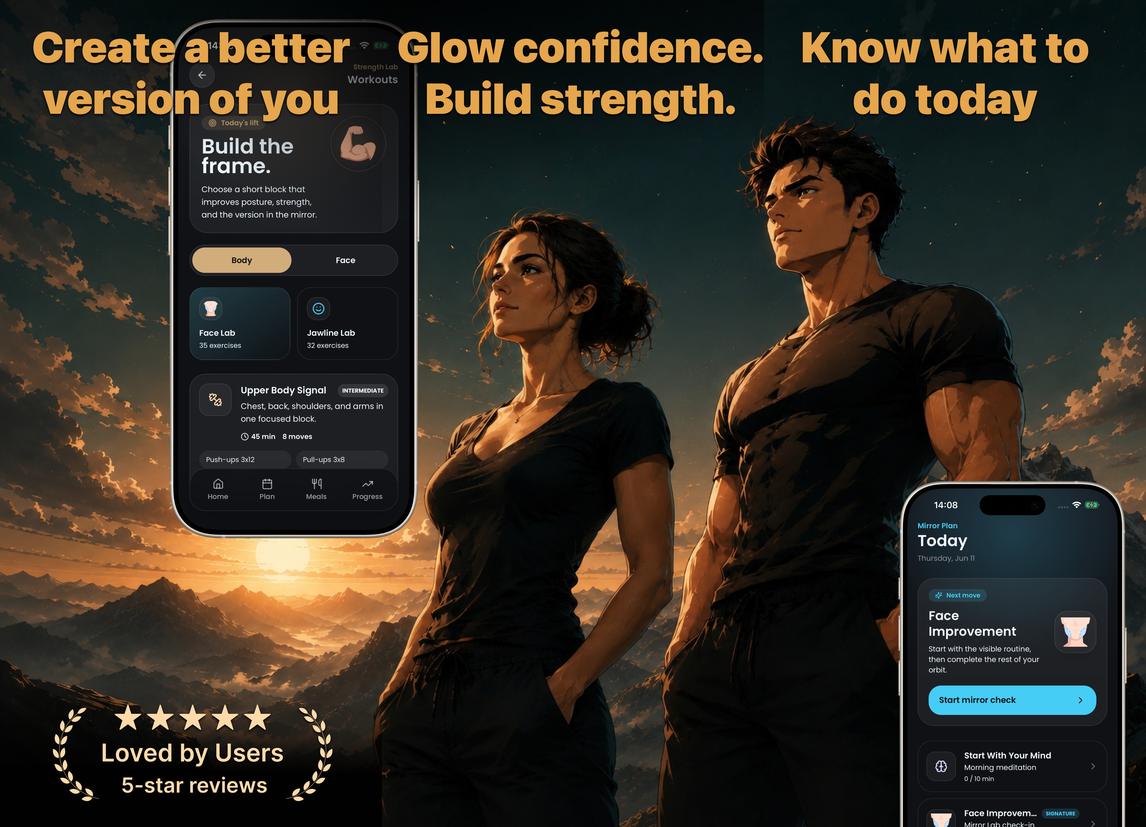 NextMe hero graphic showing confidence, strength, and daily plan screens